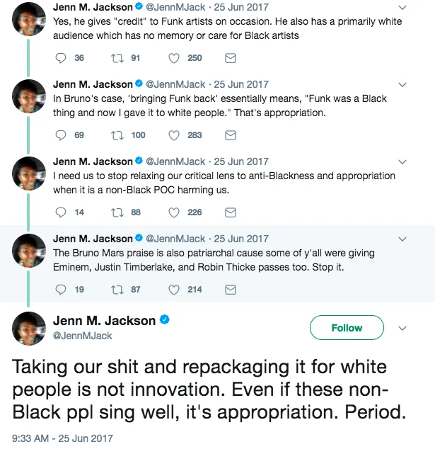 Screenshot of Jenn M. Jackson tweets criticizing Bruno Mars for cultural appropriation.
