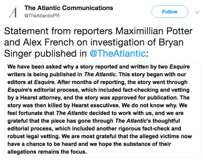 Bryan Singer Sexual Misconduct Allegations — Tweet from The Atlantic PR about the Bryan Singer investigation publishing