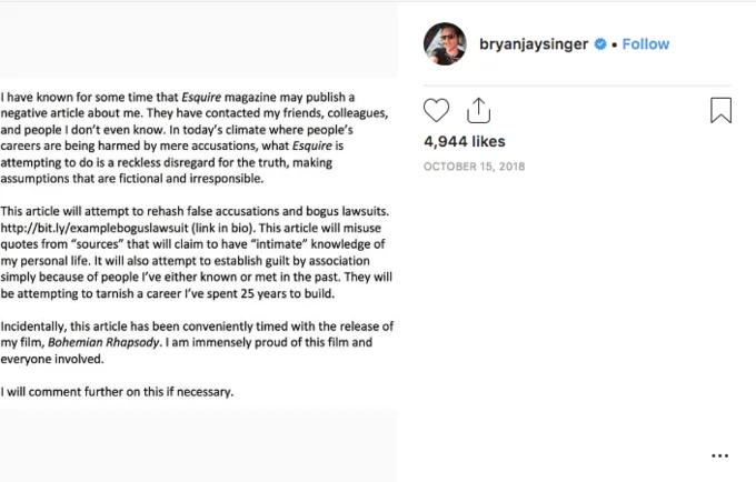 Bryan Singer Sexual Misconduct Allegations — Instagram screenshot of Bryan Singer statement denying Esquire allegations