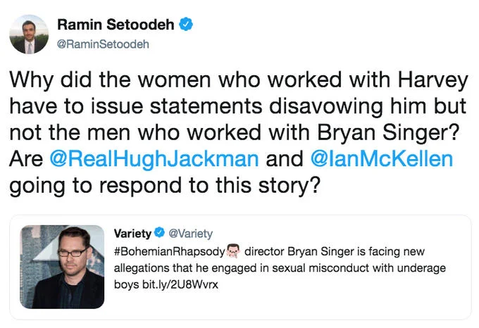 Bryan Singer Sexual Misconduct Allegations — Ramin Setoodeh tweet questioning silence of Hugh Jackman and Ian McKellen on Bryan Singer