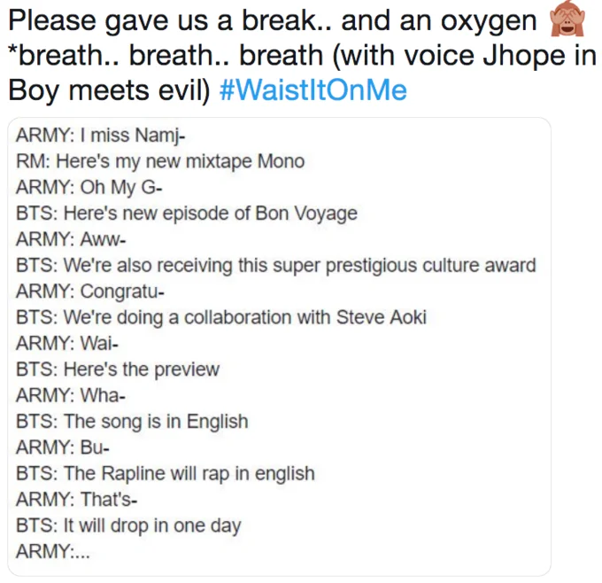 Tweet listing BTS news culminating in Waste It On Me announcement