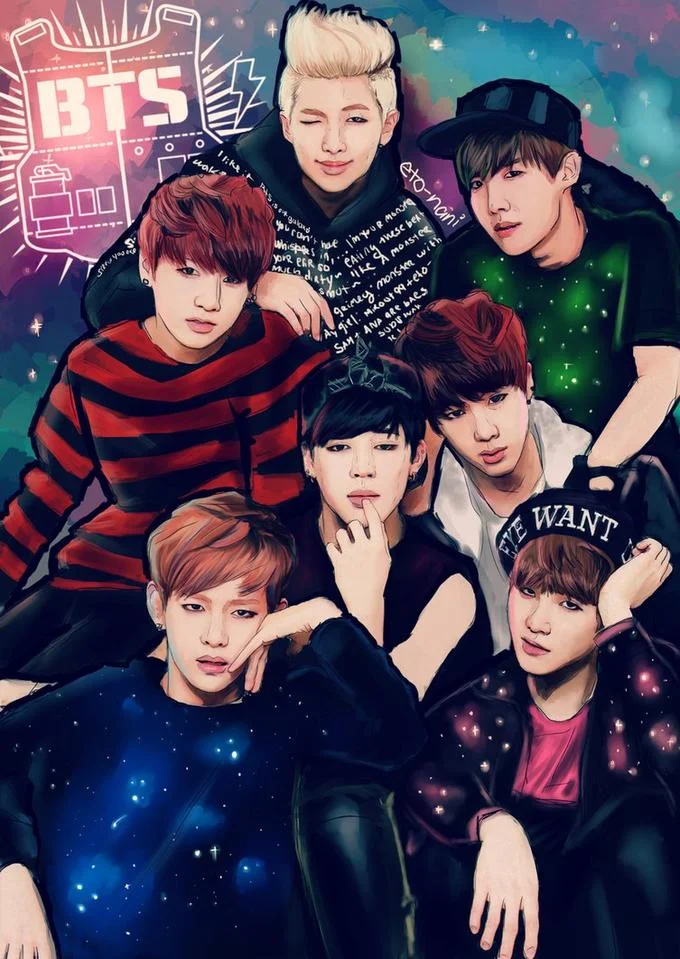 Colorful digital fan art of BTS members with galaxy background