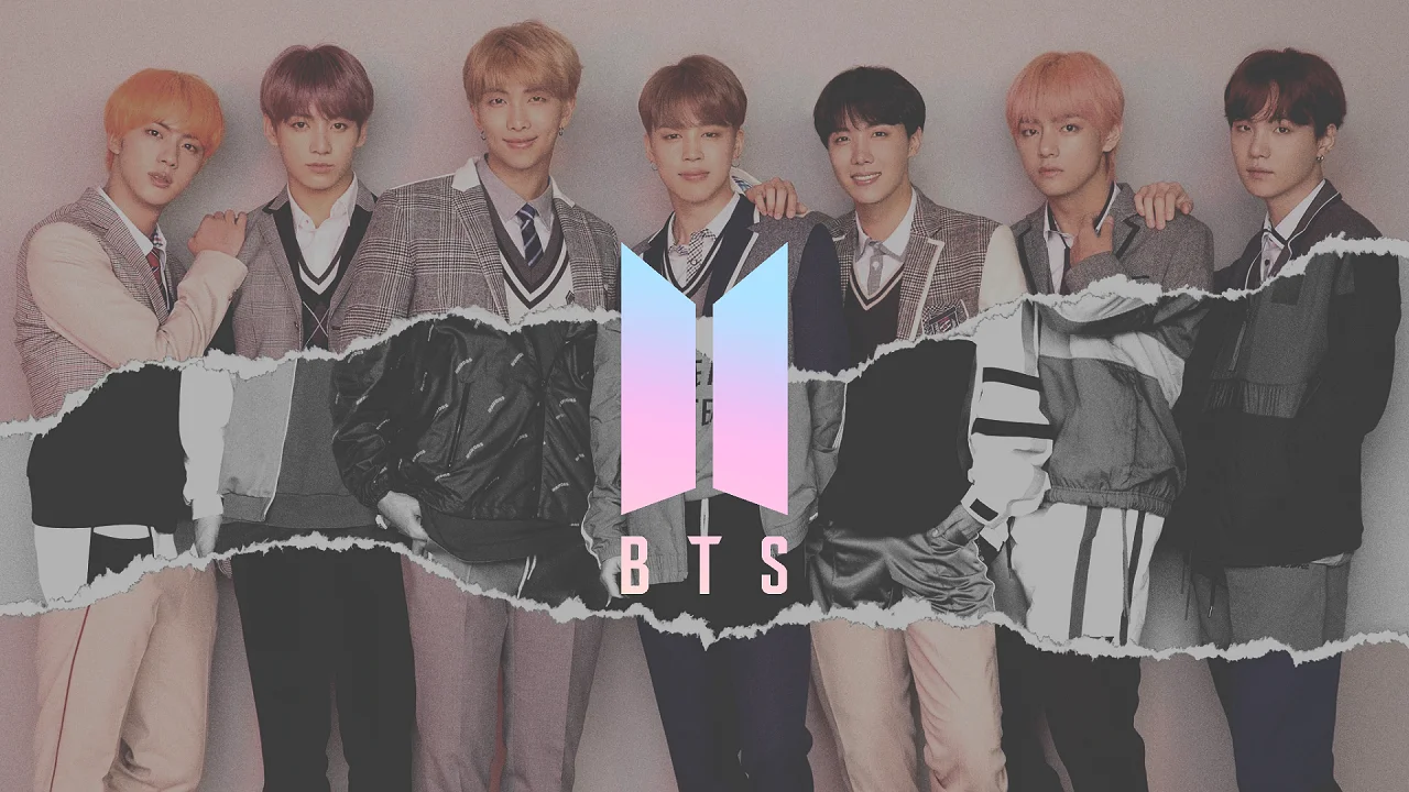 BTS seven members group photo with logo banner