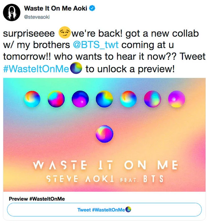Steve Aoki tweet announcing Waste It On Me BTS collaboration