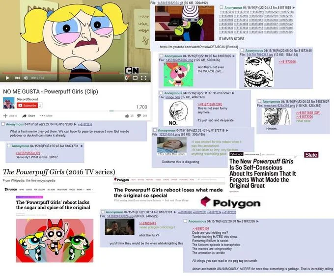 Bubbles No Me Gusta — Collage of 4chan and news reactions to the Powerpuff Girls reboot Bubbles clip