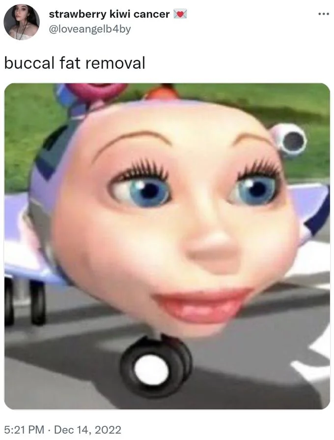 Twitter screenshot from @loveangelb4by captioned 'buccal fat removal' with CGI-animated character with strikingly hollow gaunt cheeks.