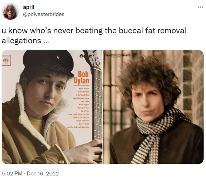 Twitter screenshot from @polyesterbrides captioned 'u know who's never beating the buccal fat removal allegations ...' showing Bob Dylan album covers.