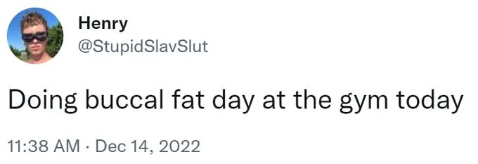Buccal Fat Removal — Twitter screenshot from @StupidSlavSlut reading 'Doing buccal fat day at the gym today,' dated December 14, 2022.