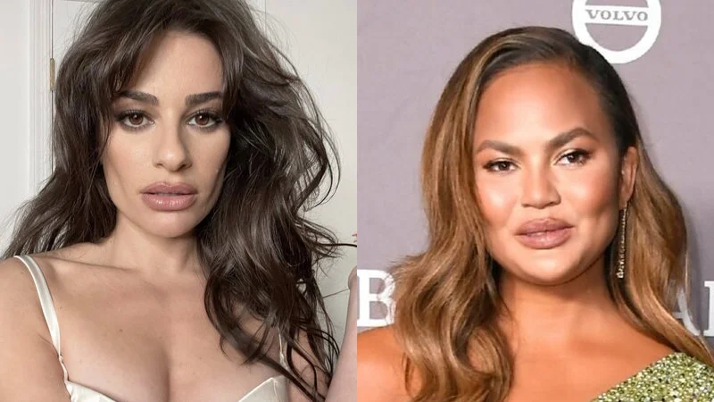 Buccal Fat Removal — Side-by-side photo comparison of Lea Michele in white top with sculpted cheekbones and Chrissy Teigen at formal event with defined facial