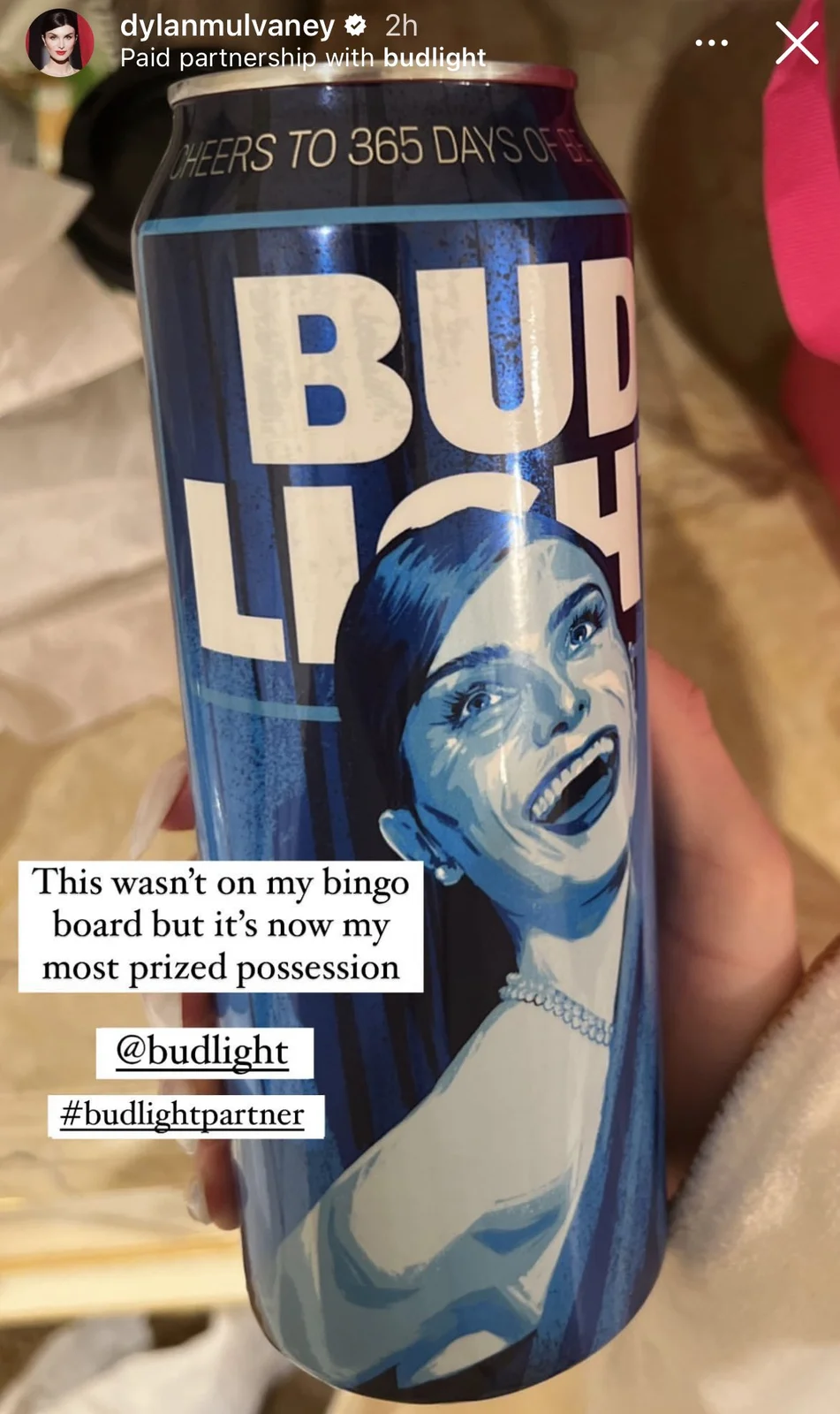 Bud Light Dylan Mulvaney — A screenshot of Dylan Mulvaney's Instagram post unveiling the limited-edition Bud Light can featuring their image.