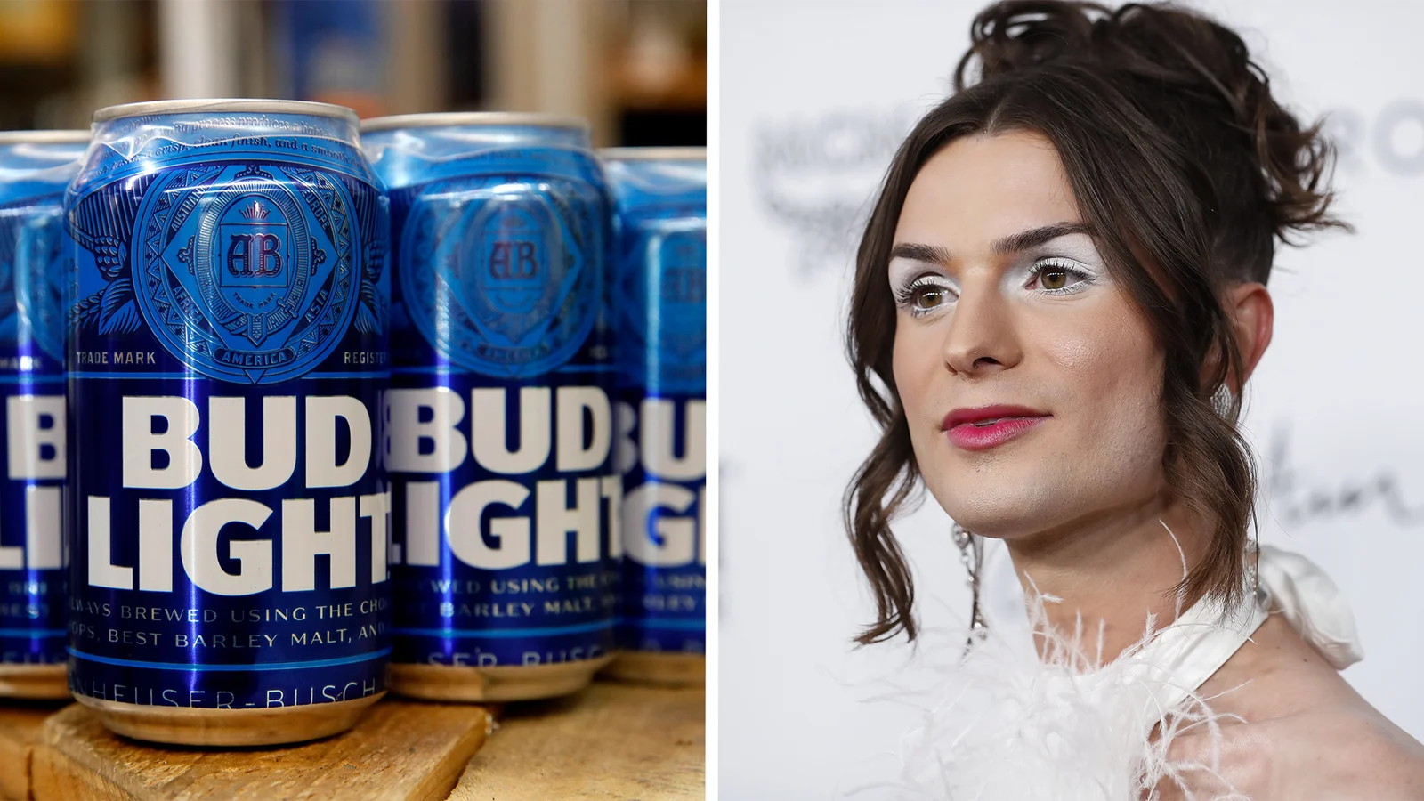 Bud Light Dylan Mulvaney — A straightforward side-by-side comparison featuring Bud Light beer cans on the left and Dylan Mulvaney on the right.