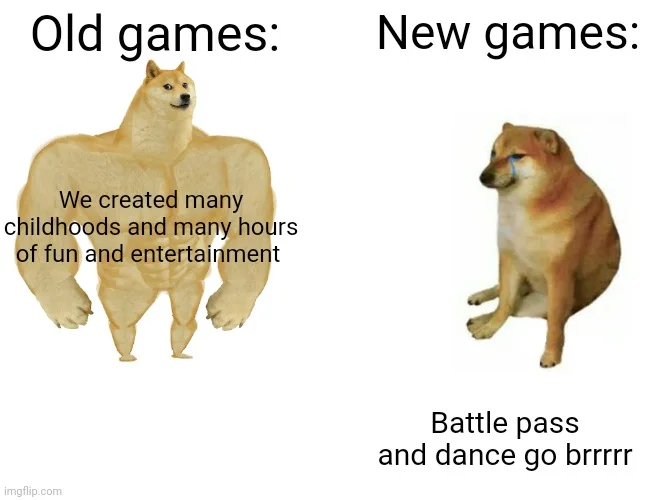 Buff Doge vs Cheems — Two-panel meme comparing gaming across generations with buff doge representing old games creating memories and cheems representing modern
