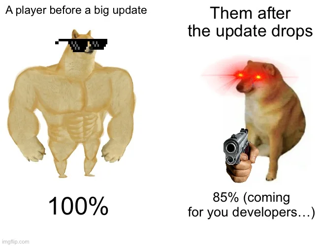 Buff Doge vs Cheems — Gaming meme showing strong player before update (buff doge) versus weakened player after patch (cheems).