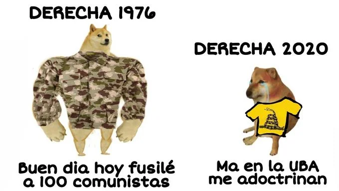Buff Doge vs Cheems — Spanish political meme contrasting military ideology from 1976 (camouflaged buff doge) with 2020 perspectives (weakened cheems).