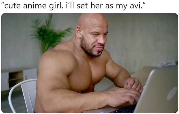 Buff Guys Typing on Laptops — Bald buff shirtless man typing on laptop with caption about setting an anime girl as avatar