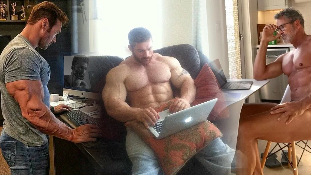 Buff Guys Typing on Laptops — Collage of three buff shirtless men typing on laptops and computers