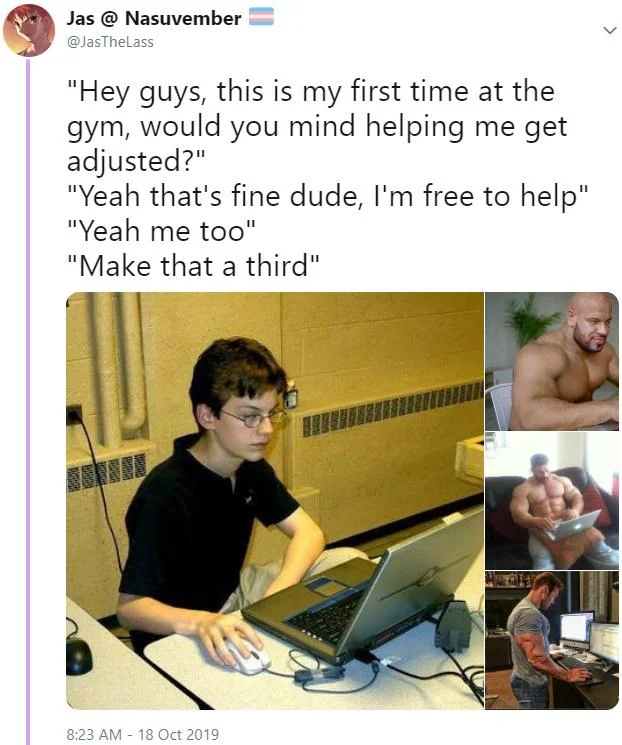 Buff Guys Typing on Laptops — Tweet showing skinny boy at laptop next to buff men at laptops with gym-help dialogue