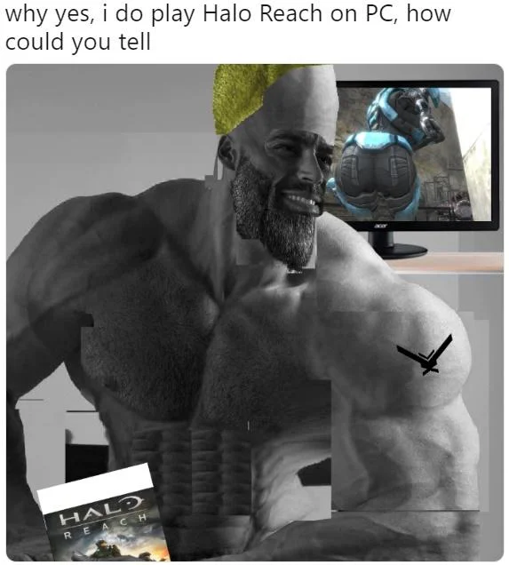 Buff Guys Typing on Laptops — Edited buff man beside monitor showing Halo Reach with caption about playing Halo Reach on PC