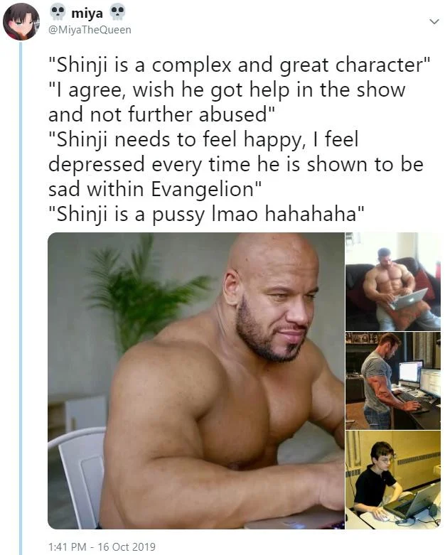 Buff Guys Typing on Laptops — Twitter meme using four buff men on laptops to show tiers of opinions about Shinji from Evangelion