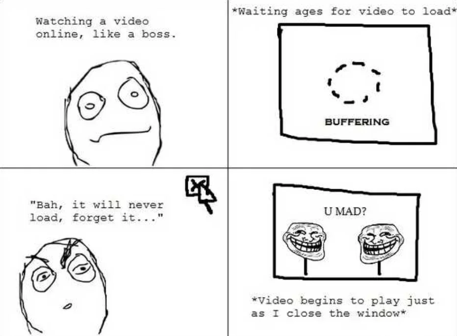 Buffering Video — Classic four-panel rage comic showing stick figure waiting for video to load, declaring it won't work, then frustrated when it plays after