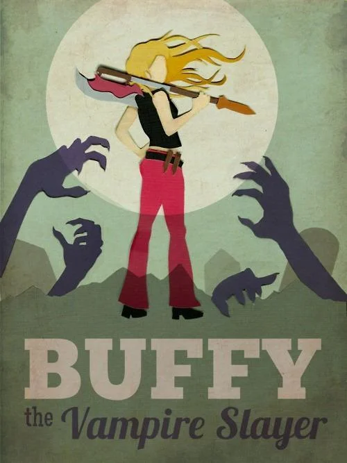 Minimalist Buffy the Vampire Slayer fan-art poster with vampire hands and moon