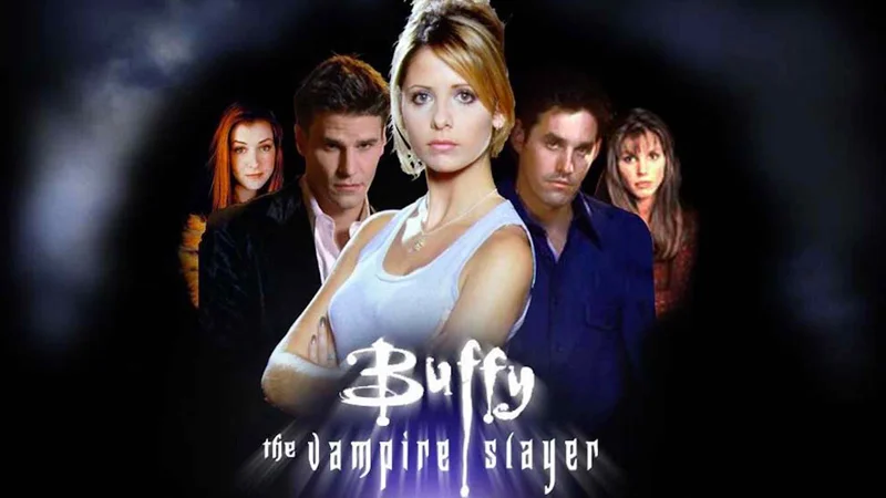 Buffy the Vampire Slayer TV series promotional poster with main cast and logo