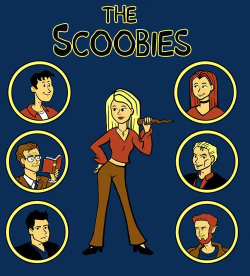 Buffy The Vampire Slayer — Cartoon illustration of 'The Scoobies' with Buffy and the main cast portraits
