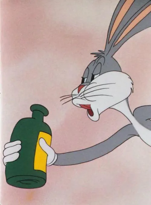 Bugs Bunnys No — Bugs Bunny holding a green bottle away from himself with a disgusted face