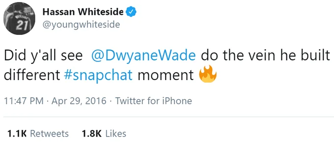 Twitter post by Hassan Whiteside discussing Dwyane Wade's vein and 'built different' phrase