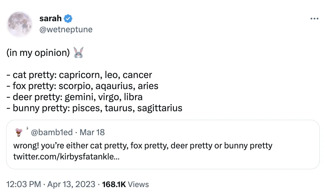Bunny Pretty, Fox Pretty, Deer Pretty, Cat Pretty — Tweet by @wetneptune mapping zodiac signs to cat, fox, deer and bunny pretty categories.