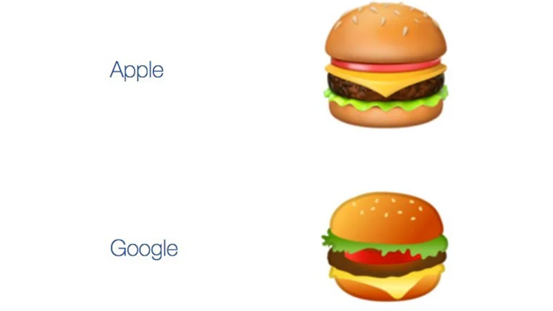 Burger Emoji Debate — Apple vs Google burger emoji comparison showing different cheese placement