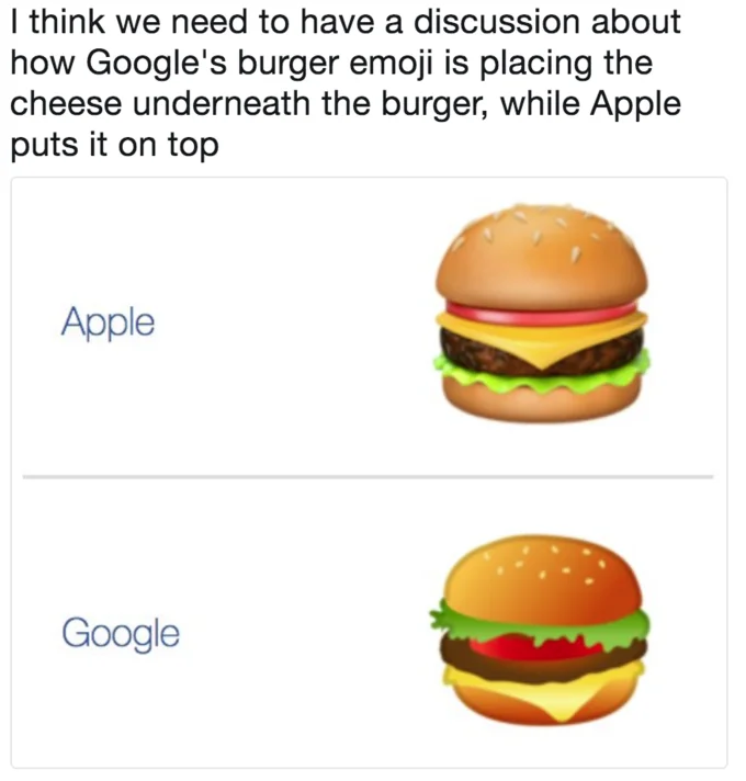 Burger Emoji Debate — Thomas Baekdal's original tweet about Google and Apple burger emoji cheese placement