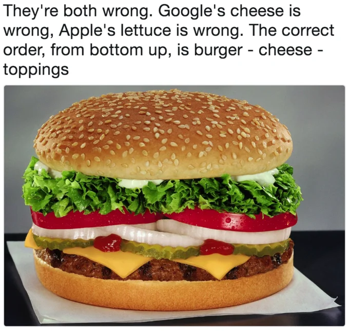 Burger Emoji Debate — Tweet with real burger photo arguing correct cheese placement over patty