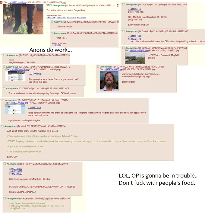 Screenshot compilation of 4chan thread doxxing the Burger King foot lettuce employee and location
