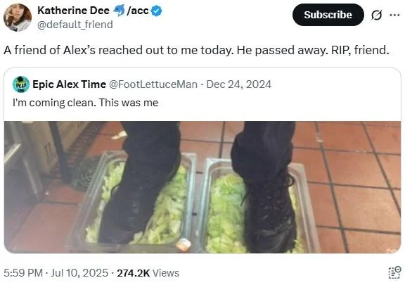 Burger King Foot Lettuce — Twitter screenshot of Epic Alex Time confessing to being the original foot lettuce poster before his death