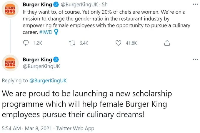 Burger King UK follow-up tweets clarifying its International Women's Day scholarship announcement