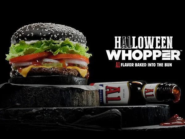 Burger King Halloween Whopper ad showing a black-bunned burger and A.1. sauce bottle