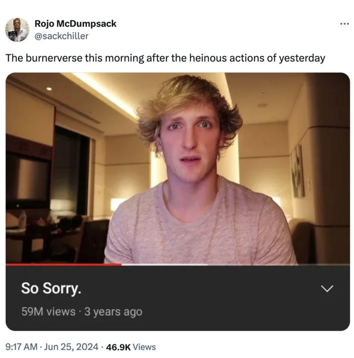 Tweet showing Logan Paul's 'So Sorry' apology video with caption about the burnerverse apologizing after yesterday's heinous actions.