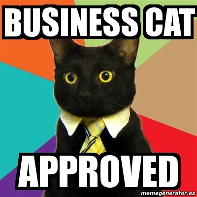 Business Cat — Iconic black cat with yellow eyes, white collar and yellow tie.