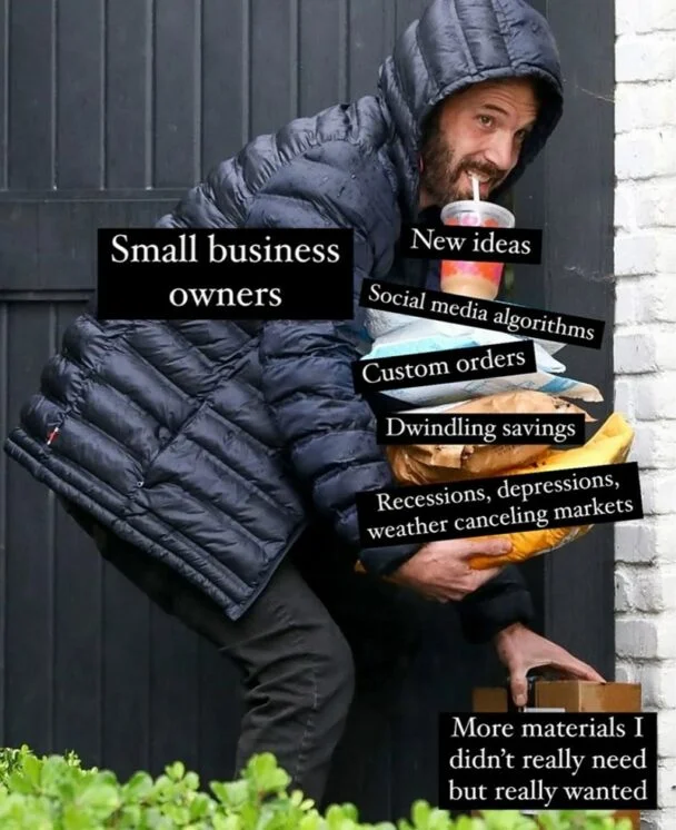 Bussin — Man juggling business problems labeled with challenges like algorithms and recession