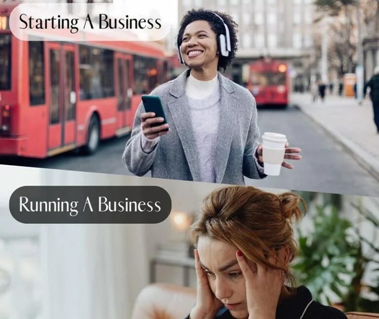Two-panel meme: confident woman starting a business vs stressed woman running a business, using bussin wordplay