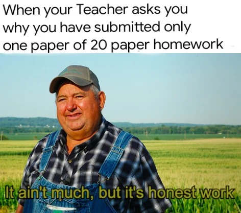 But Its Honest Work — Honest work meme joking about submitting only one page of a twenty-page homework assignment