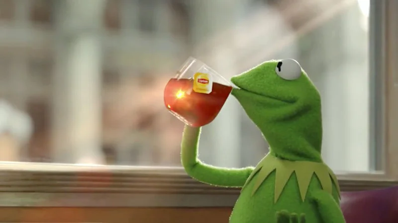 But Thats None Of My Business — Clean unadorned image of Kermit holding beverage in signature smug pose with soft bokeh background emphasizing judgmental