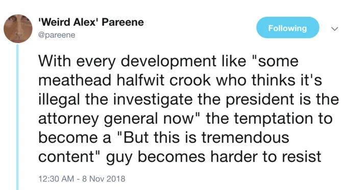 But This Is Tremendous Content — Twitter screenshot of Pareene's parody tweet applying the meme to political scandal commentary.