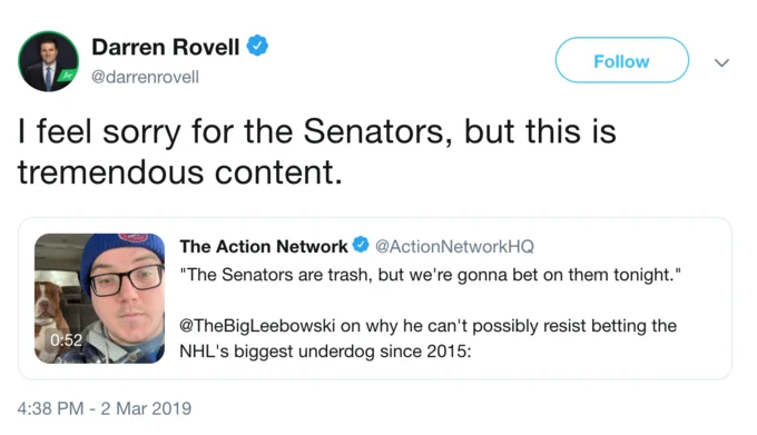 But This Is Tremendous Content — Twitter screenshot of Darren Rovell applying his catchphrase to Ottawa Senators hockey commentary.