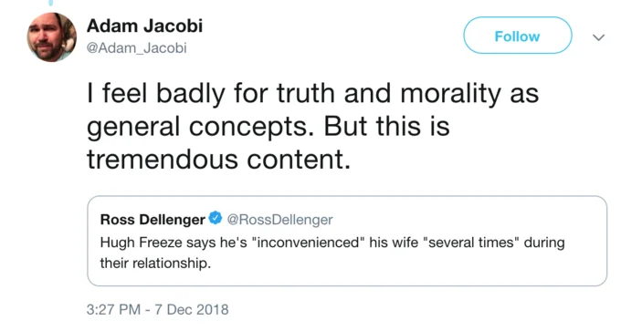 But This Is Tremendous Content — Twitter screenshot of Adam Jacobi applying the meme to truth and morality commentary.