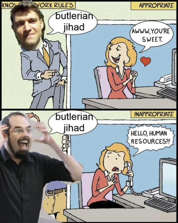 A two-panel comic showing appropriate versus inappropriate contexts for saying 'Butlerian Jihad' in office settings.