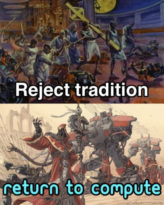 Butlerian Jihad — A vertical comparison meme showing Dune artwork contrasting human rejection of tradition with mechanical civilization return.