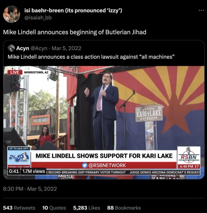 A tweet from Acyn about Mike Lindell's litigation announcement, framed as the beginning of the Butlerian Jihad.