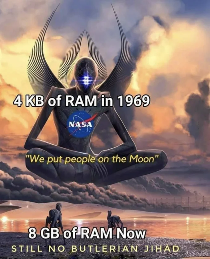 Butlerian Jihad — An ethereal meditation figure with glowing third eye against cosmic background, comparing 1969 RAM to modern computing.